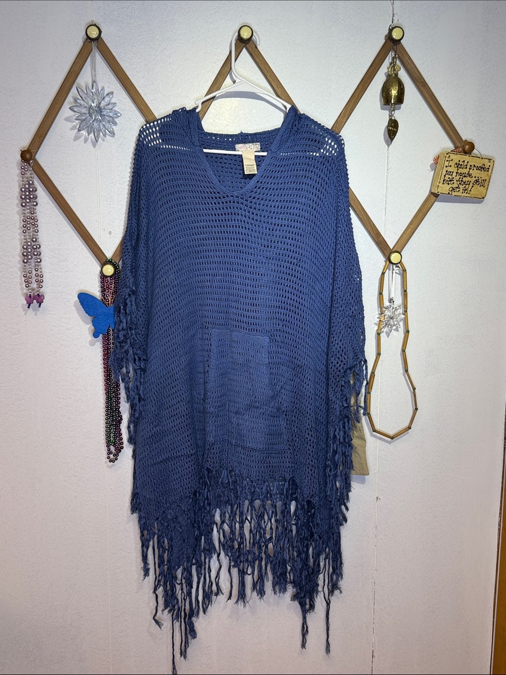 Free People Open-Knit Fringe Poncho in Blue